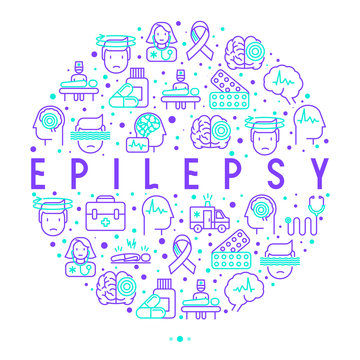 Epilepsy concept in circle with thin line icons of symptoms and treatments: convulsion, disorder, dizziness, brain scan. World epilepsy day. Vector illustration for banner, web page, print media.