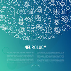 Neurology concept with thin line icons: brain, neuron, neural connections, neurologist, magnifier. Vector illustration for medical survey or report with place for text.
