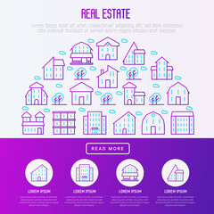 Obraz premium Real estate concept in half circle with thin line houses and trees. Modern vector illustration for background of banner, web page, print media with place for text.