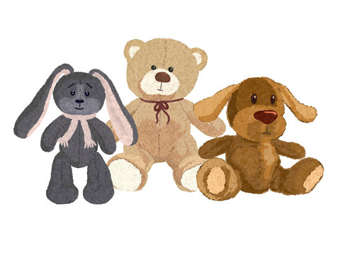 Plush friends, bear, puppy and hare