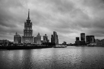 Aerial view of skyscrapers in Moscow. Black and white