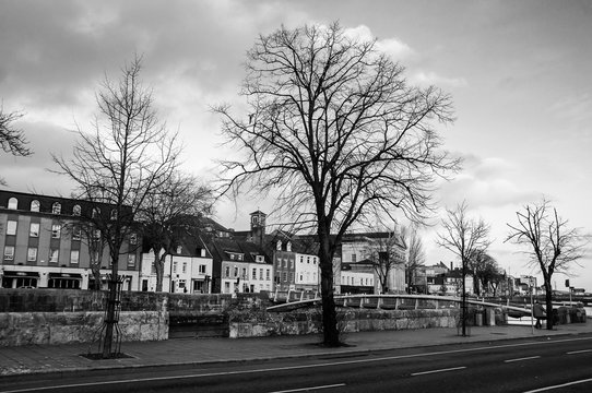 Bank of the river Lee in Cork, Ireland. Black and white