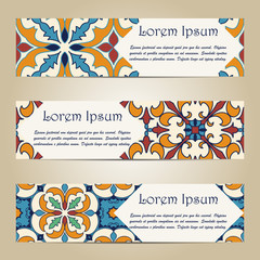 Vector set of colorful horizontal banners for business and invitation. Portuguese, Azulejo, Moroccan; Arabic; asian ornaments - 174702874