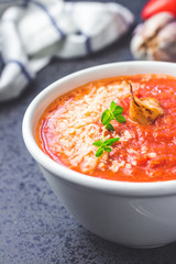  Roasted tomato, red pepper and garlic soup. Selective focus, space for text.