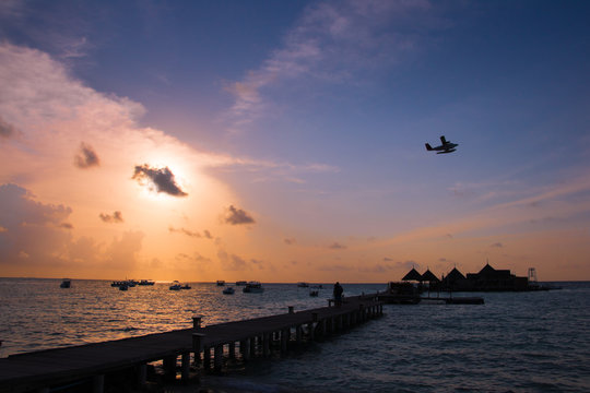 beach front scene before sunset with seaplane flying through the scene