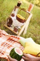 Autumn still life. Watermelon. Picnic. Cozy place. Pillow