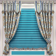 A combination of modern and classical materials in the design of windows. Short combined curtains...