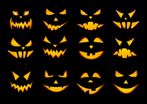 Halloween pumpkin face patterns on black.