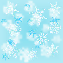 Fototapeta na wymiar Christmas white snowflakes on blur blue background. Winter holiday pattern. Greeting card. Vector illustration.