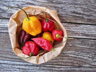 Different red and yellow chillies in paper bag on old table - Powered by Adobe