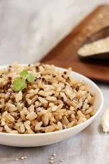 Red Quinoa brown rice served in a bowl, selective focus