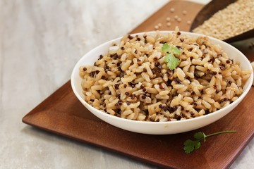 Red Quinoa brown rice served in a bowl, selective focus