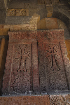 Ohanavan, Armenia, 15th September 2017: Armenian cross-stone otherwise the khachkar  located in the monastery in Hovhannavank,