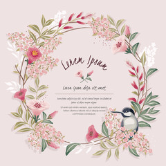  Vector illustration of a beautiful floral wreath with a cute bird on a floral branch in spring for Wedding, anniversary, birthday and party. Design for banner, poster, card, invitation and scrapbook 