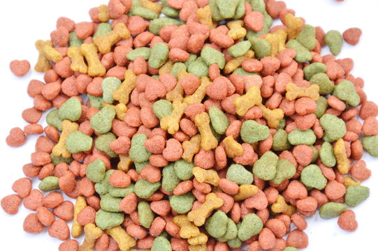 dry instant dog food bulk on white background