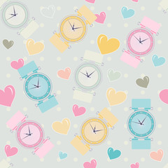 Seamless pattern of women wrist watches and hearts