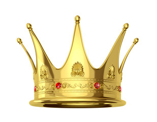 Gold crown on white background. Crown with pebbles. 3D illustration