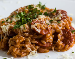 Chorizo risotto with tomato