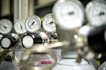 Gas pressure regulator used in the laboratory applying it to scientific instruments, Contains: nitrogen, oxygen, helium, Close up image