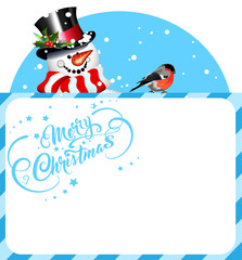 Snowman with bird. Christmas card, vector art