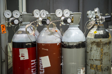 Gas pressure regulator with gas Nitrogen , Oxygen, Helium, Hydrogen.Gas used on the machine Gas Chromatograph-Mass Spectrometer (GCMS).Close up image