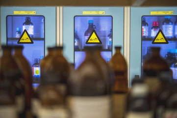 Chemical storage cabinets with hood. Used in chemistry labs.