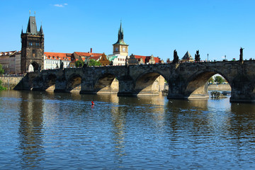 Prague, The Czech Republic: AUGUST 23, 2017- View of the Vltava river, The Charles Bridge and...
