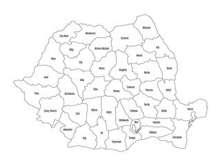 Administrative counties of Romania. Vector map of thin black outline on white background.
