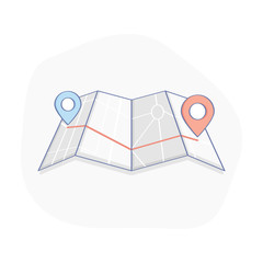 GPS, route, location icon. Map with geo two markers, road map. Flat outline symbol illustration