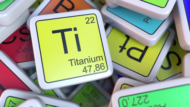 Titanium block on the pile of periodic table of the chemical elements blocks. Chemistry related intro animation