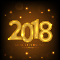 2018 Merry Christmas and Happy New Year card with gold text design and stars lights. Vector illustration.