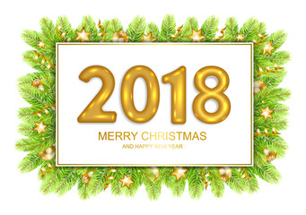 2018 Merry Christmas and Happy New Year card with fir-tree frame, christmas balls and serpentine. Vector illustration.