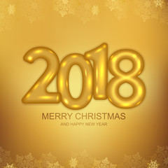 2018 Marry Christmas and Happy New Year card with gold text design and snowflakes. Vector illustration.