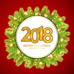 2018 Merry Christmas and Happy New Year card with round fir-tree frame, christmas balls and serpentine. Vector illustration.