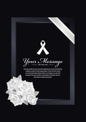 Funeral card - White ribbon sign and text banner in dark frame with white rose and white ribbon line on black background vector design - obrazy, fototapety, plakaty