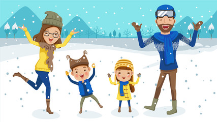 Fototapeta premium Family winter family snow Having Fun. father, mother, son, daughter.Jump, smile and chase snowflakes. Cartoon family cute. vector illustration