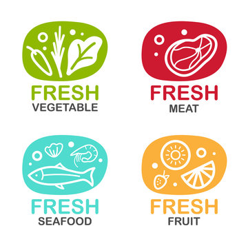 Fresh Food Logo Sign With Vegetable Meat Seafood And Fruit Vector Design