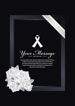 Funeral card - White ribbon sign and text banner in dark frame with white rose and white ribbon line on black background vector design