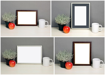 Set of frame mockup with plant pot, apple, mug