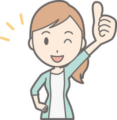 Illustration of a young woman in striped clothes standing her thumb