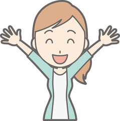 Illustration of a young woman in striped clothes raising his hands