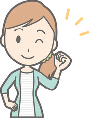 Illustration of a young woman in striped clothes winking up his fist
