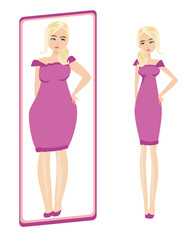 Unhappy girl is looking at herself in the mirror