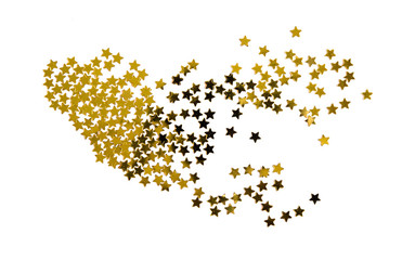 Pile of gold star decoration isolated on white background on top view