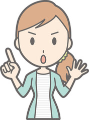 Illustration that a young woman in striped clothes is pointing at a finger