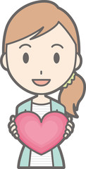 Illustration of a young woman in striped clothes laughing with a heart mark