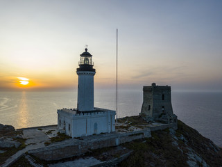 Vista aerea del Faro e della torre sull’isola della Giraglia, il punto più a Nord della penisola...