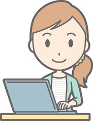 Illustration of a young woman in striped clothes using a laptop computer