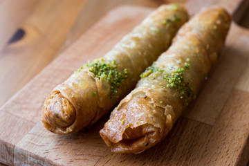 Turkish Dessert Fried Dough Roll with Pistachio / Sarma Tatlisi