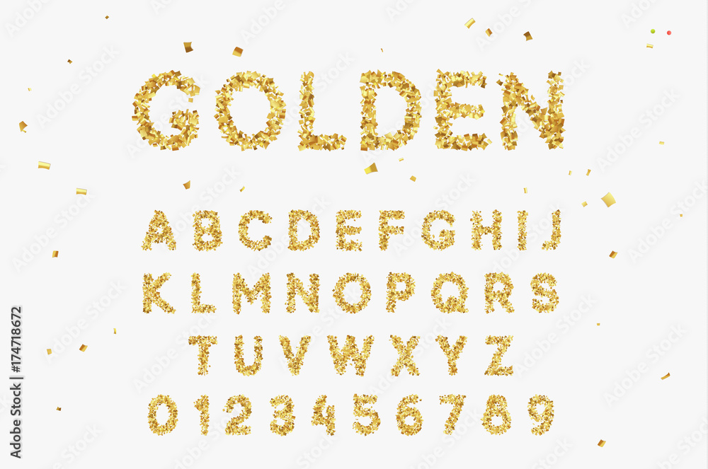 Poster gold font set with letters from multi-colored paper confetti.
